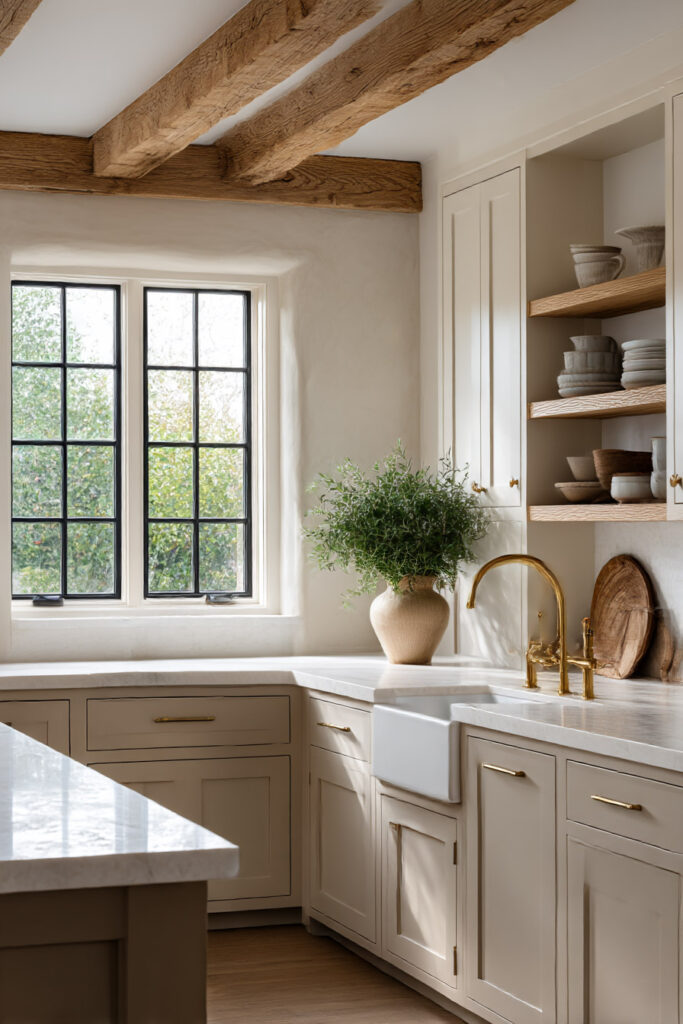 Warm neutral kitchen with exposed wood beams, creamy cabinets, farmhouse sink, brass faucet, and open shelving with ceramics.
