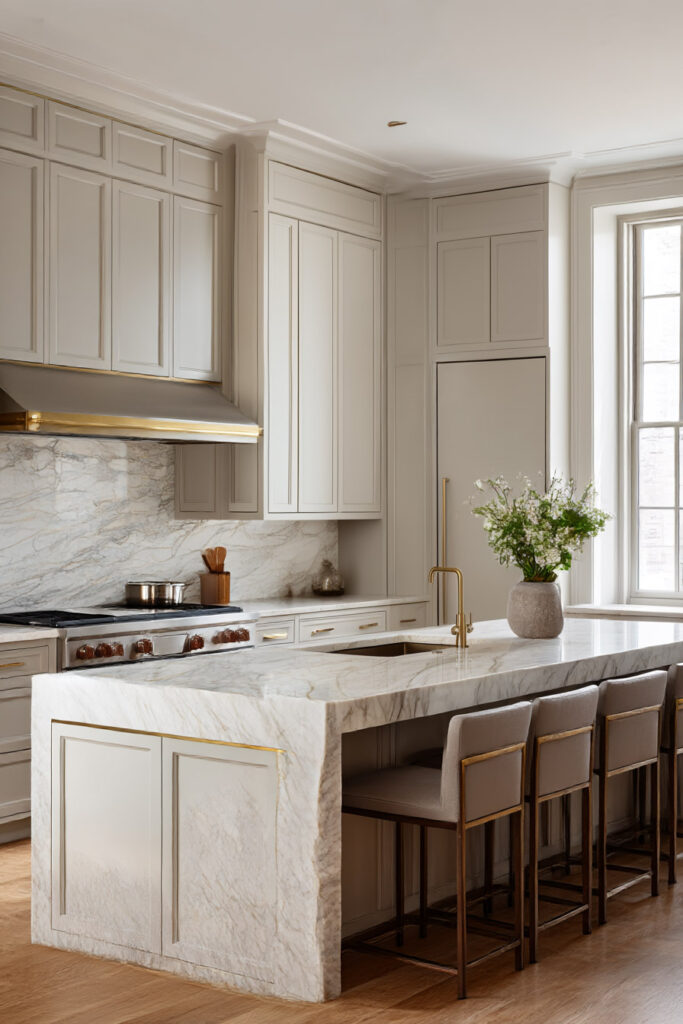 Warm neutral kitchen with panel-front cabinets, brass-trimmed range hood, marble waterfall island, brass faucet, built-in appliances, and soft neutral tones.