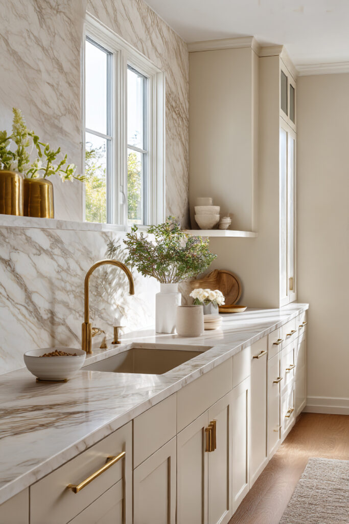 Neutral kitchen with a full-height stone or clay tile backsplash, cream cabinets, brass hardware, and a marble-look wall behind the sink.