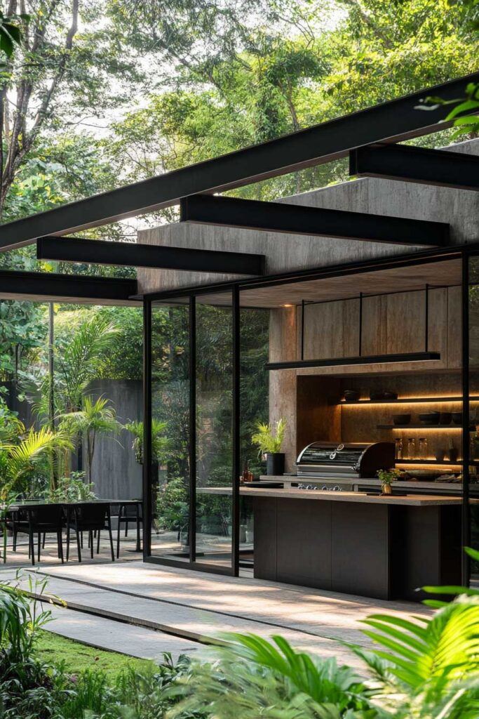 Modern outdoor grill station with built-in stainless steel grill, dark cabinetry, wood accents, and glass walls surrounded by tropical greenery.