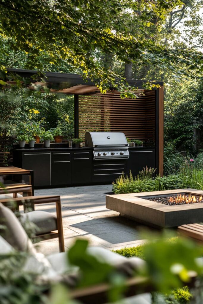 Modern outdoor grill station with built-in stainless steel grill, black cabinetry, wood slat pergola, and fire pit surrounded by greenery