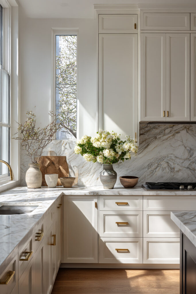 White kitchen with a natural stone backsplash featuring subtle veining, paired with white cabinetry, brass hardware, and warm wood flooring in a bright, sunlit space.