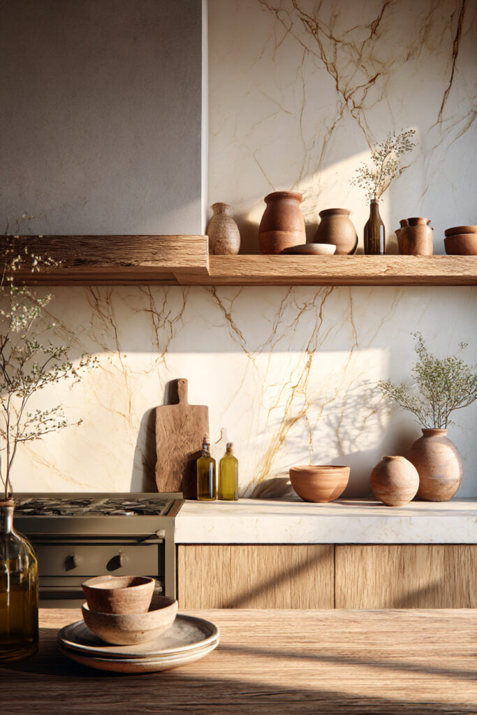 Natural stone kitchen backsplash with warm veining, wood shelving, clay pottery, and earthy neutral decor