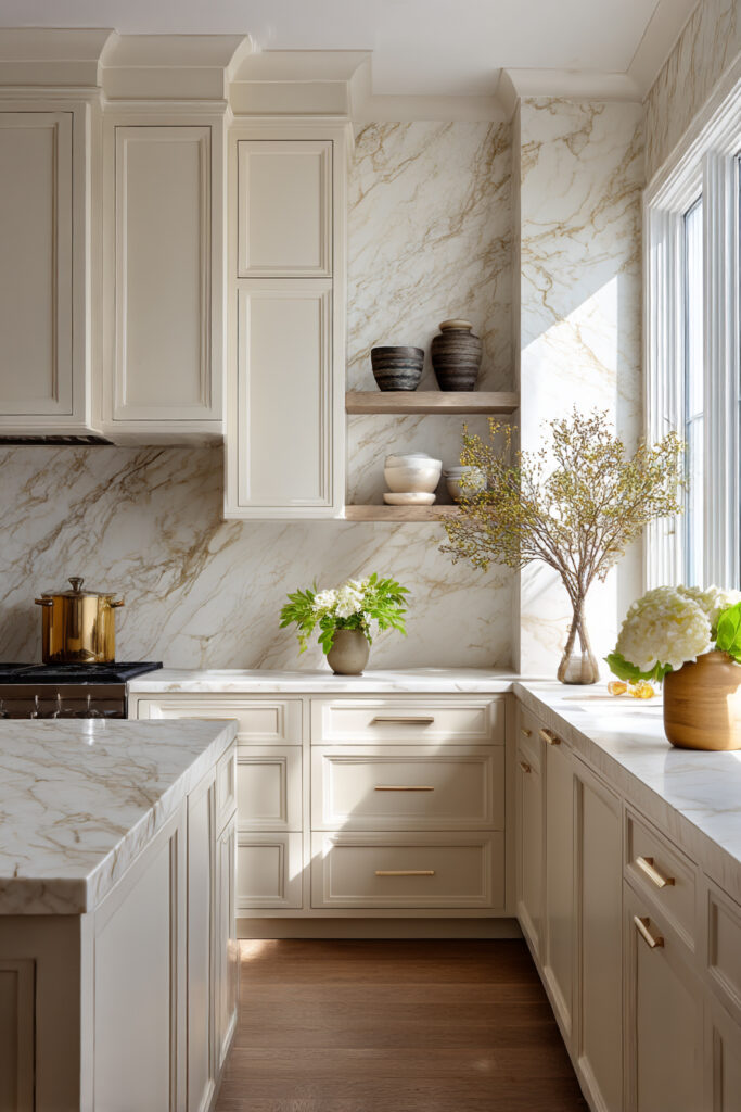 Cream kitchen with natural stone tile backsplash, warm veining, light cabinetry, open wood shelves, and brass hardware in a bright, airy space.