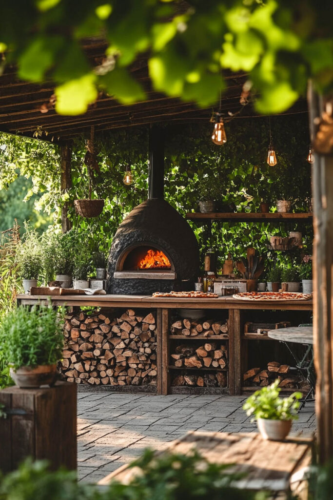 Rustic outdoor grill station with a wood-fired pizza oven, stacked firewood storage, wooden countertops, and greenery under a pergola with hanging lights