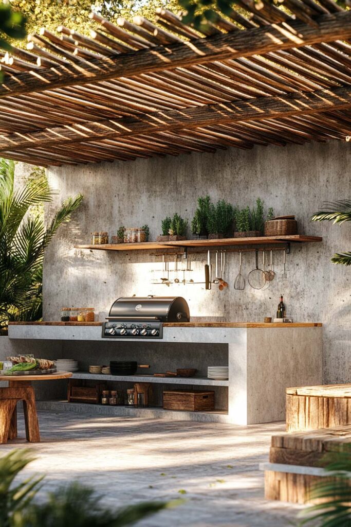 Outdoor grill station with concrete counter, wood pergola, built-in grill, open shelving, hanging utensils, and potted herbs.