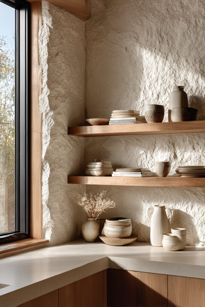 Kitchen with a textured stone or plaster backsplash, open wood shelves, handmade ceramic decor, and warm neutral finishes in a minimalist design.