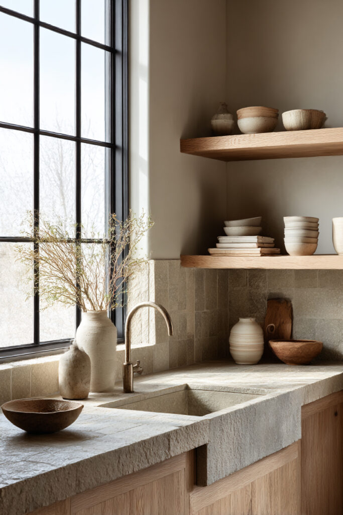Kitchen with textured stone tile backsplash, stone sink, open wood shelves, and neutral ceramic accents in a warm, natural design.