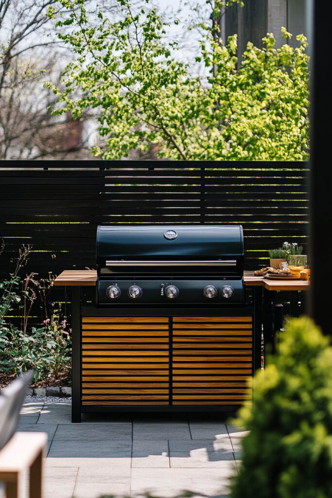 Compact outdoor grill station with black metal frame, wood slat cabinet, stainless steel grill, and privacy fence in a backyard patio.
