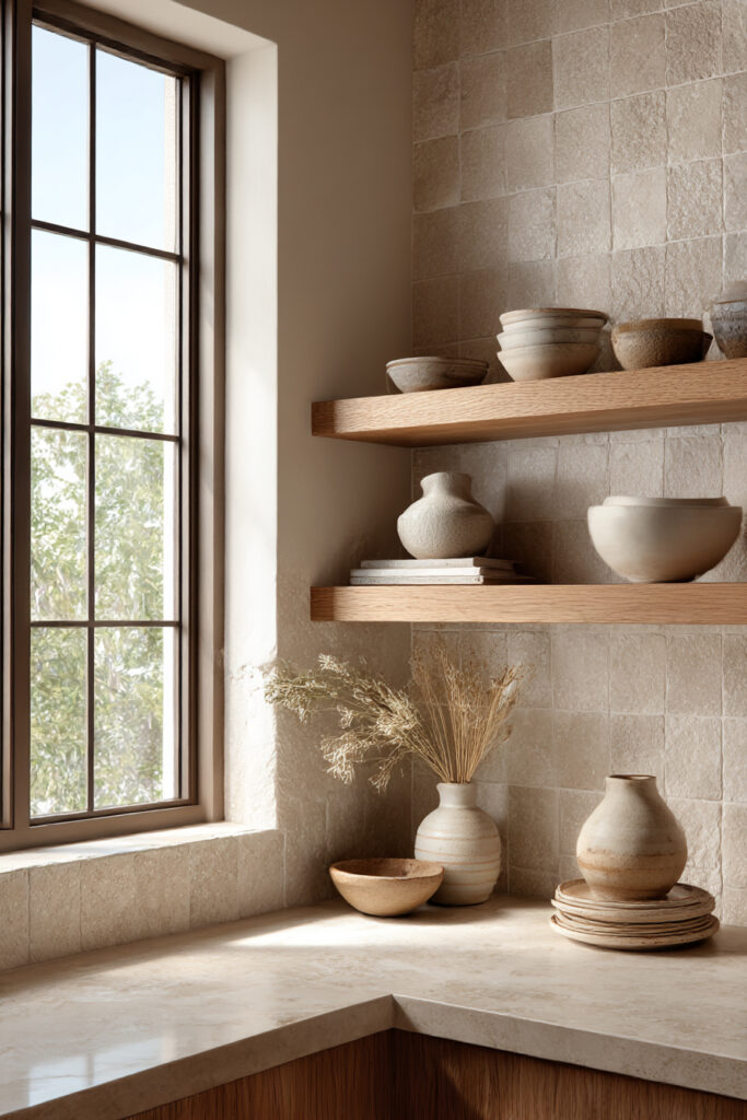 Kitchen with textured stone tile backsplash, neutral square tiles, open wood shelves, natural pottery, and light stone countertops.
