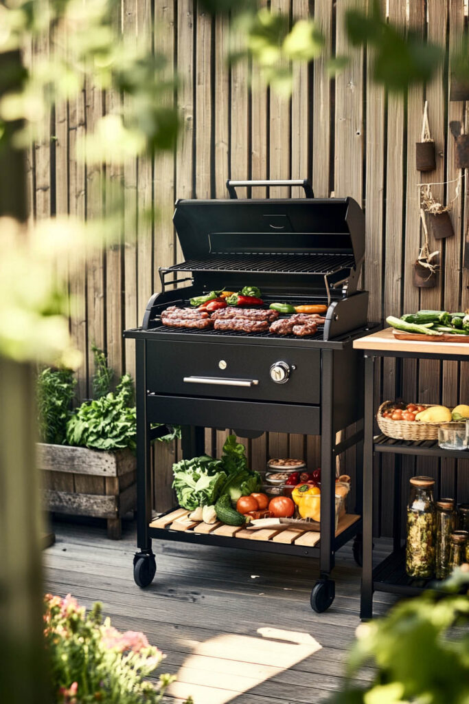 Small outdoor grill station with freestanding black grill, prep shelf, fresh vegetables, and wood fence backdrop