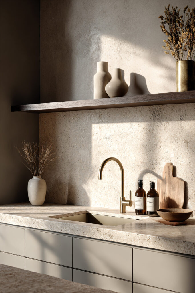 Modern kitchen with a lightly textured stone backsplash, brass faucet, open wood shelving, and neutral cabinetry in a warm minimalist style.
