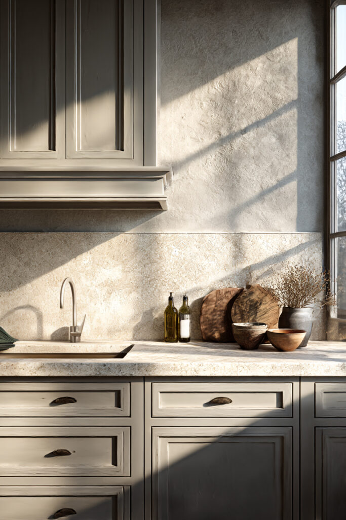 Kitchen with textured stone backsplash, soft neutral cabinetry, stone countertop, and minimal styling in a warm, understated design.
