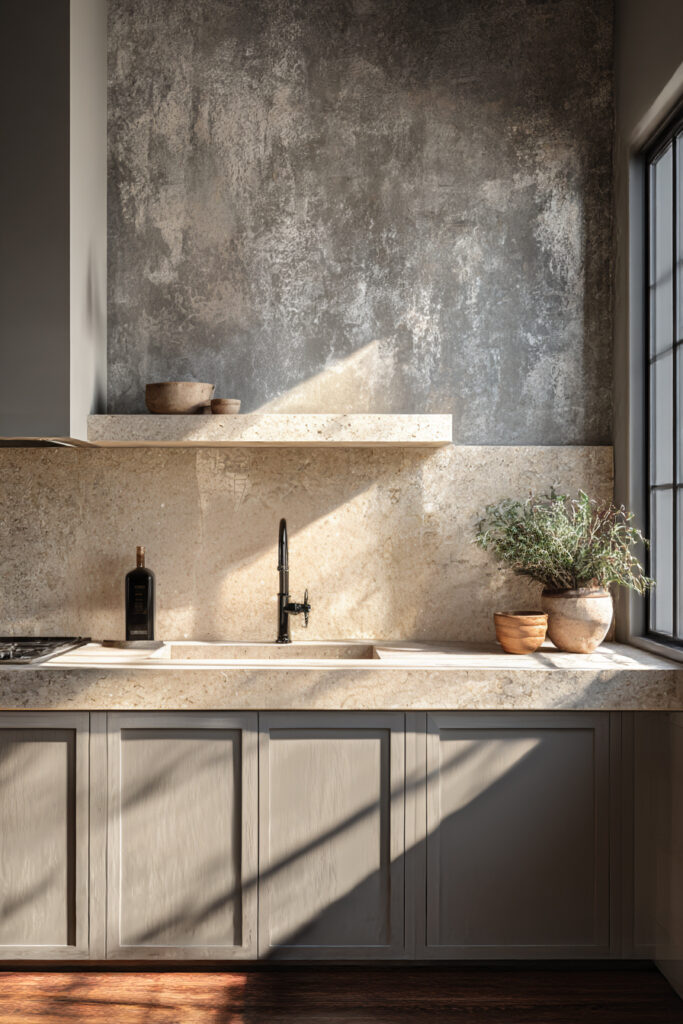 Textured stone kitchen backsplash with layered stone surfaces, neutral cabinetry, and modern earthy kitchen design