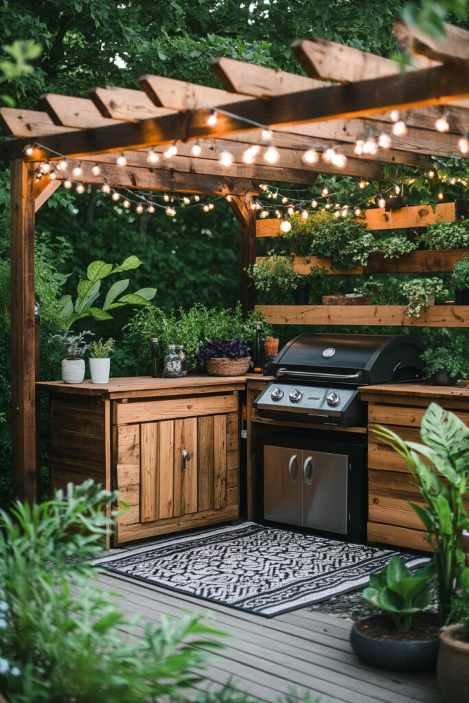 Outdoor grill station with wood cabinets, pergola, string lights, potted plants, and compact backyard layout