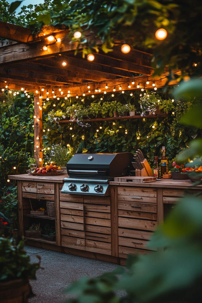Cozy outdoor grill station with wooden cabinets, built-in grill, pergola, string lights, and surrounding greenery at night.