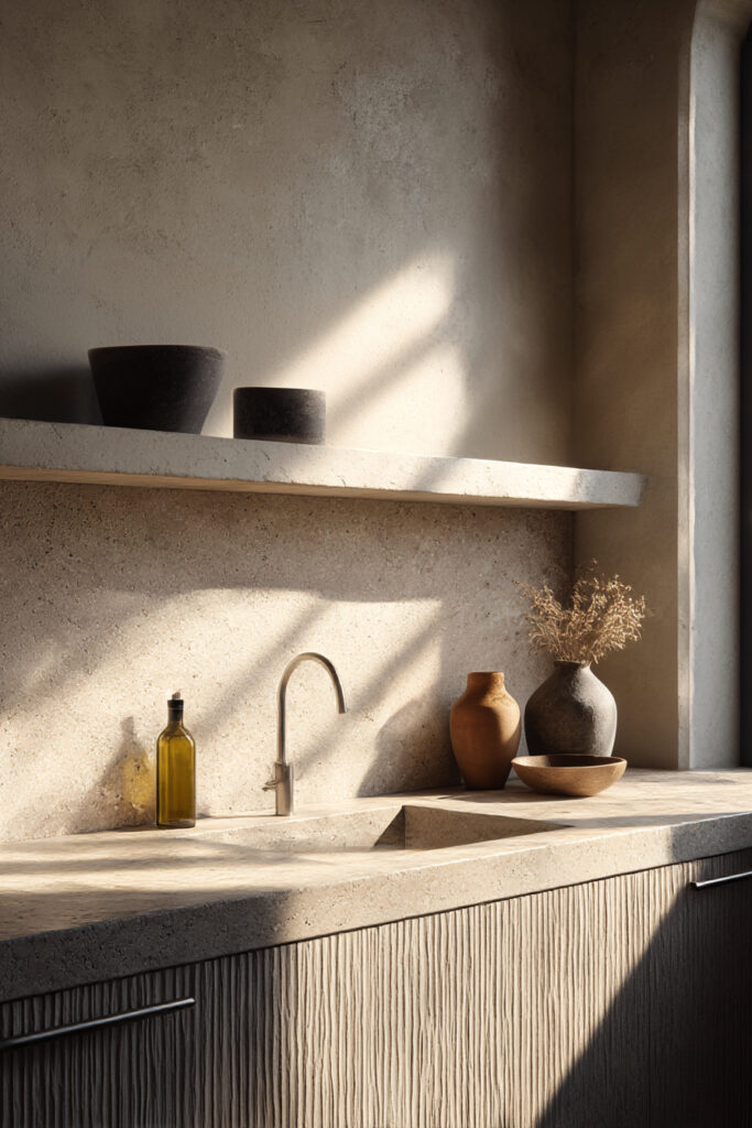 Kitchen with textured stone backsplash and sink, warm wood cabinetry, minimalist shelving, and neutral pottery in an earthy, organic design.