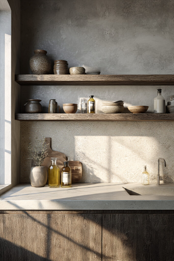 Kitchen with textured stone or clay tile backsplash, open wood shelves, neutral pottery, rustic wood cabinets, and natural light.