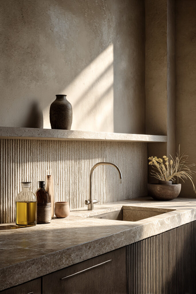 Vertically textured stone kitchen backsplash with ribbed detail, stone countertops, neutral cabinetry, and warm earthy decor