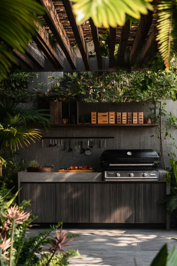 Tropical outdoor grill station with concrete counter, dark wood cabinetry, built-in gas grill, pergola roof, and dense greenery.