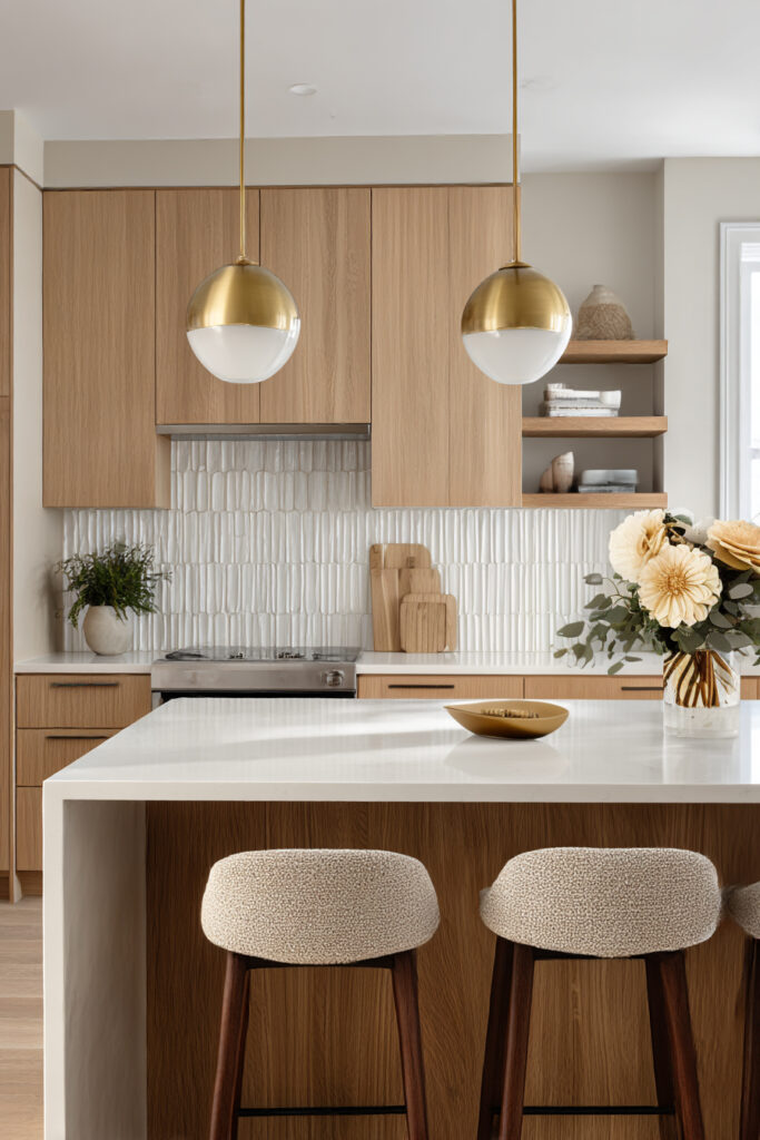 Modern kitchen with a white textured stone-style backsplash, vertical tile pattern, warm wood cabinets, brass lighting, and a white island.