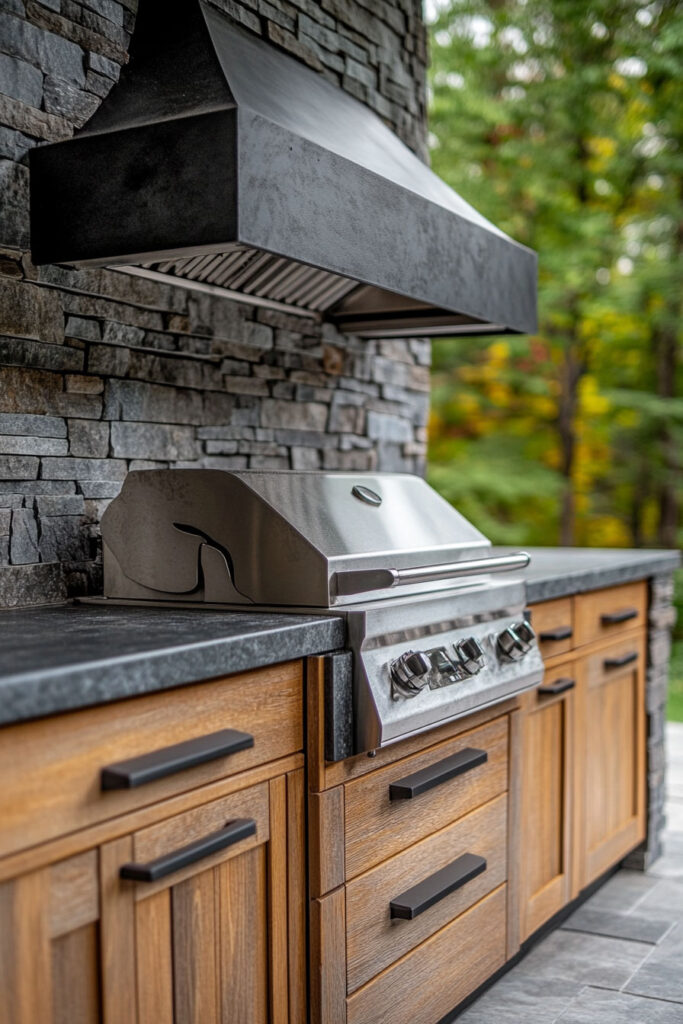 Outdoor grill station with stainless steel grill, wood cabinetry, stone backsplash, and black metal vent hood in a wooded backyard.