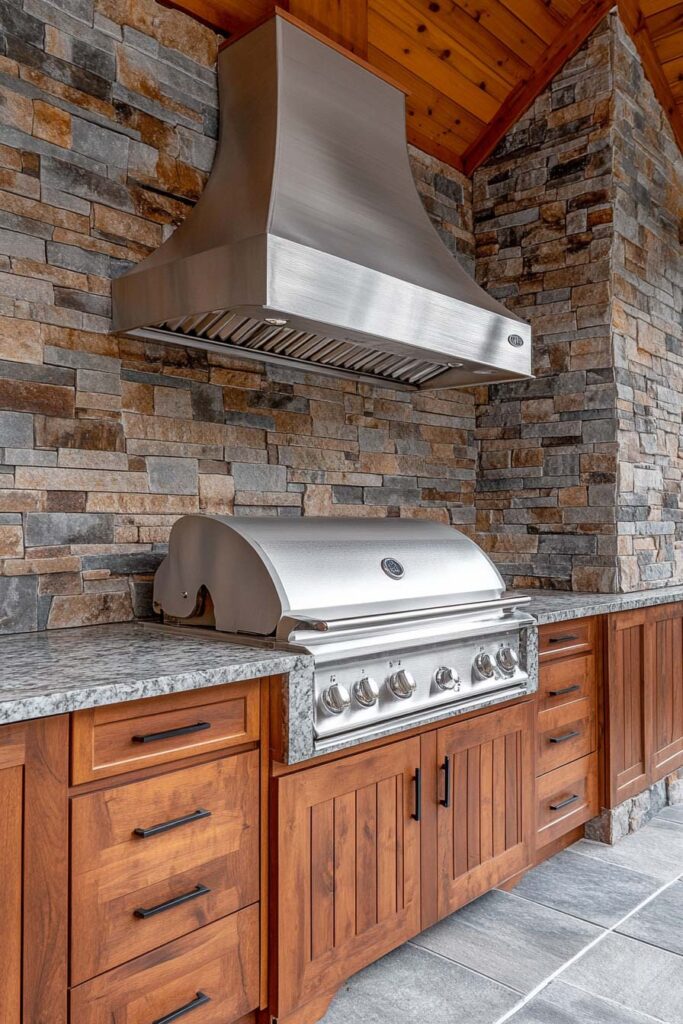 Outdoor grill station with built-in stainless steel grill, stone backsplash, wood cabinets, and covered structure