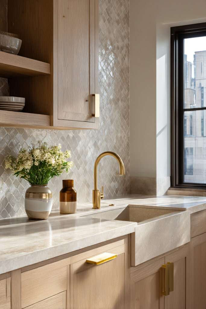 Layered kitchen backsplash with textured stone tile, light wood cabinetry, marble countertops, and brass faucet