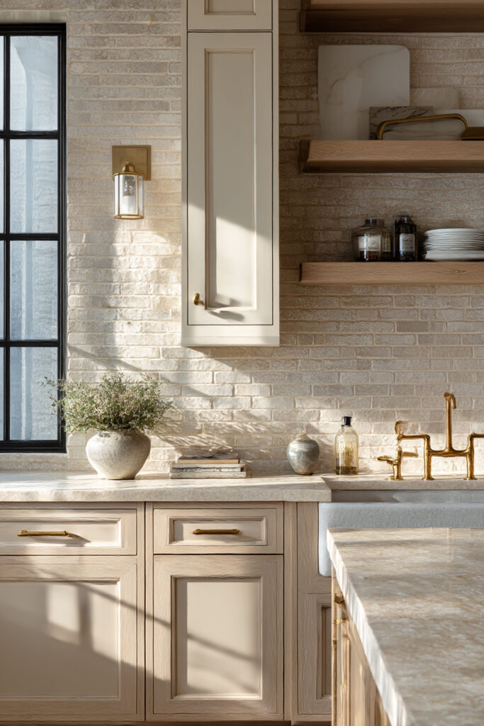Kitchen with a light stone brick backsplash, cream cabinetry, wood shelves, brass faucet, and layered neutral materials in a classic design.