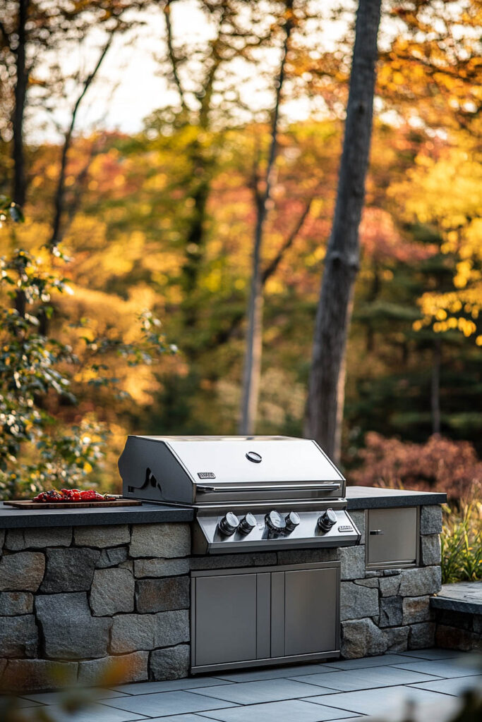 Outdoor grill station with built-in stainless steel grill, natural stone base, stone countertop, and wooded backyard setting.