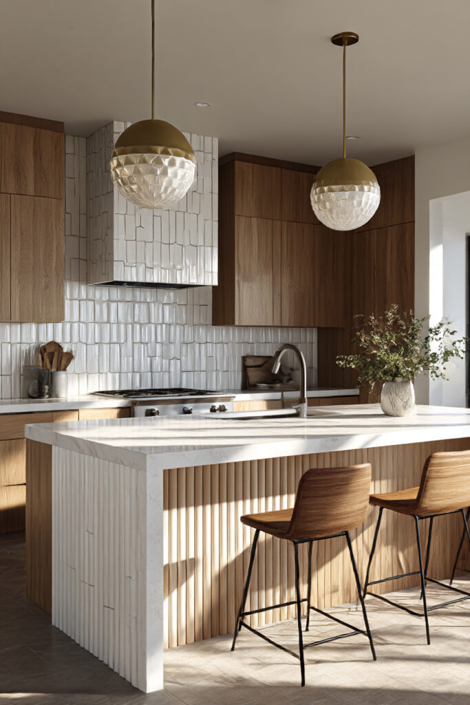 Kitchen with textured white stone or clay tile backsplash, warm wood cabinets, modern island, and neutral finishes.