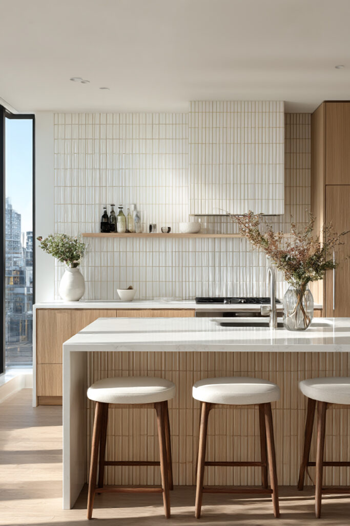 Modern kitchen with vertical textured tile backsplash, light wood cabinets, white island, and minimal neutral styling.