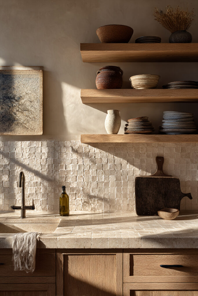 Layered kitchen backsplash with stone tile, warm wood cabinets, open shelving, and earthy neutral kitchen decor