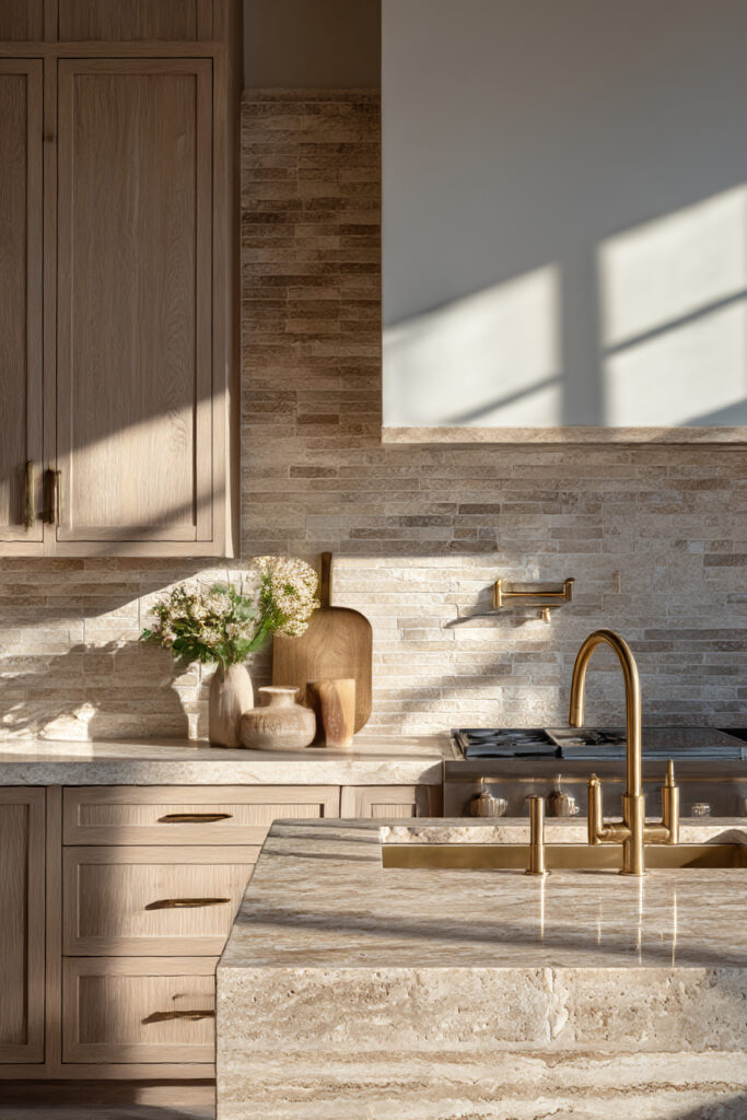 Kitchen with layered stone backsplash, warm wood cabinets, natural stone countertops, brass fixtures, and neutral finishes.
