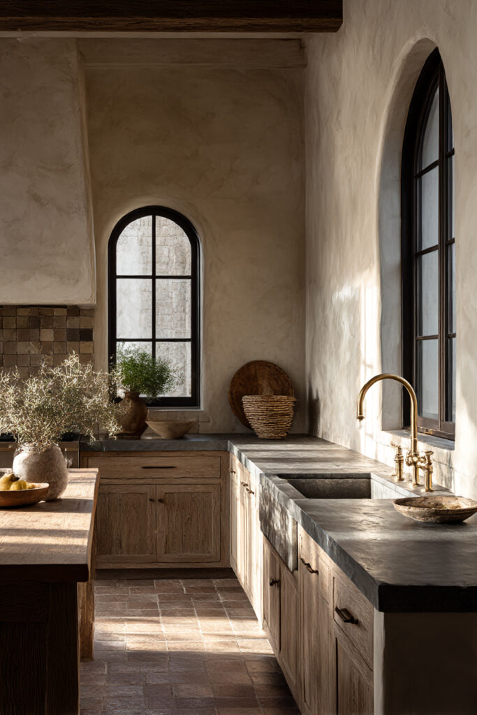Kitchen with natural stone tile backsplash, plaster walls, wood cabinets, stone countertops, and brass faucet in a layered, rustic design.