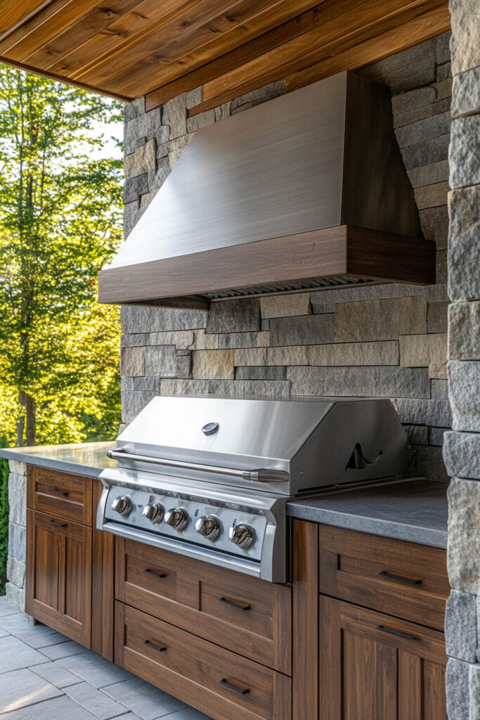 Luxury outdoor grill station with built-in stainless steel grill, wood cabinets, stone wall surround, and covered outdoor kitchen design.