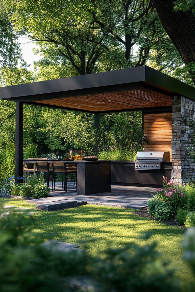 Modern outdoor grill station with black cabinets, built-in grill, wood pergola roof, stone accent wall, and outdoor dining area.