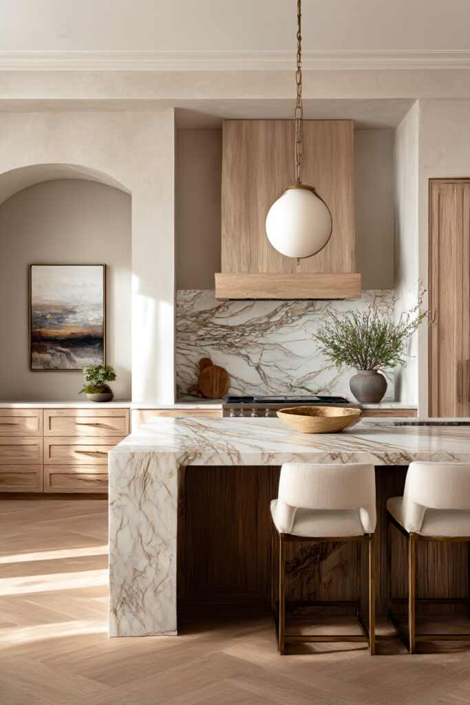 Kitchen with a veined natural stone backsplash and waterfall island, warm wood cabinetry, neutral finishes, and layered materials in a modern organic design.