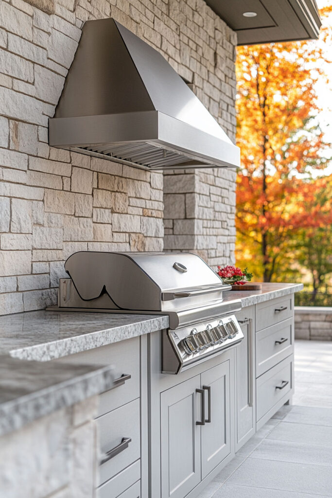 Outdoor grill station with stainless steel grill, light gray cabinets, stone backsplash, vent hood, and covered patio setting.