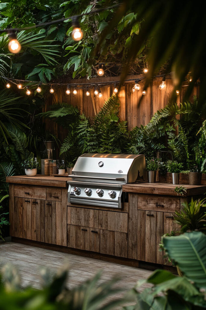 Outdoor grill station with built-in stainless steel grill, rustic wood cabinets, string lights, and tropical greenery