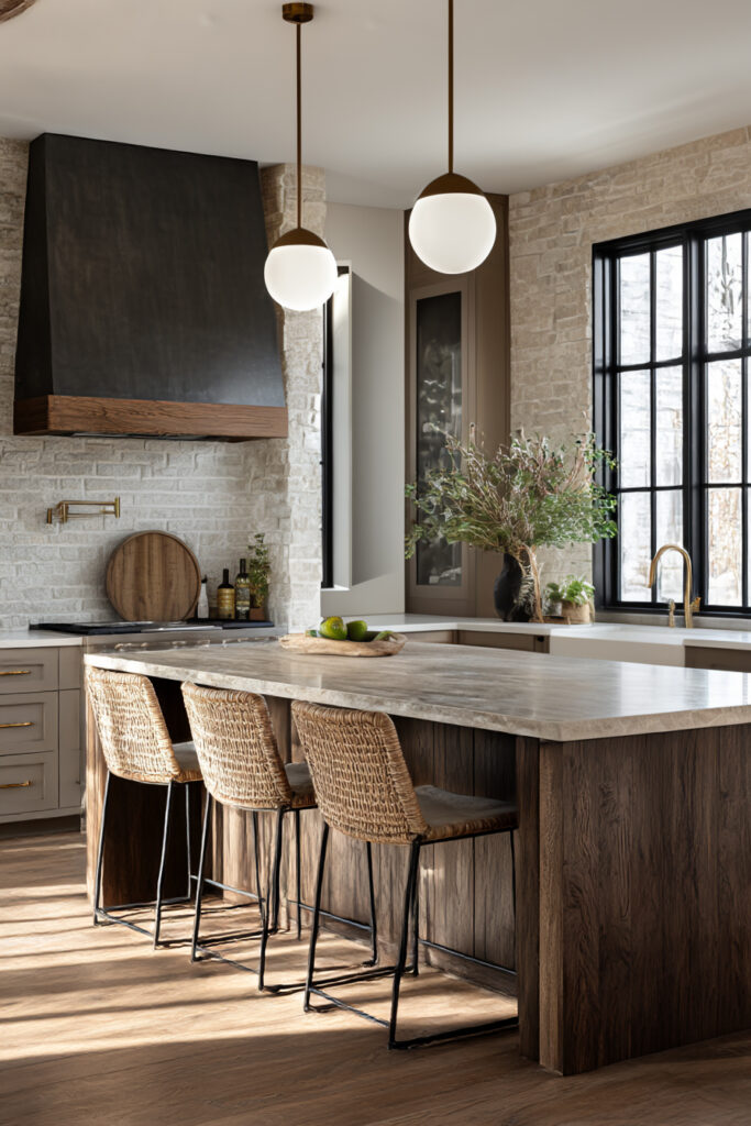 Layered kitchen design with light stone backsplash, warm wood cabinetry, large island, and woven bar stools