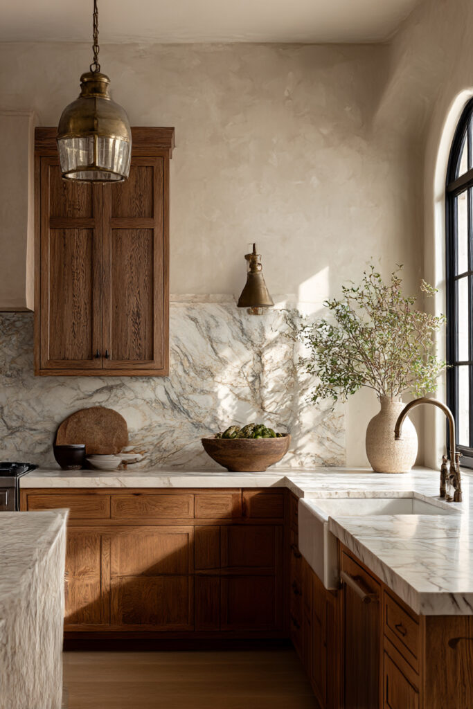 Kitchen with natural stone slab backsplash, warm wood cabinets, plaster walls, marble countertops, and brass fixtures in a classic, layered design.