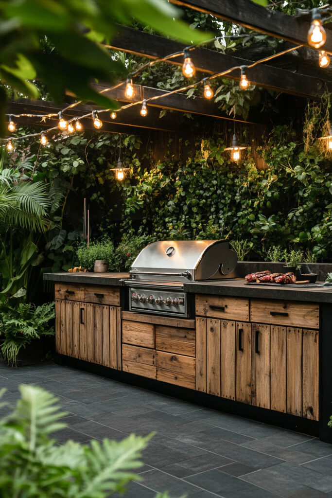 Outdoor grill station with rustic wood cabinets, built-in stainless steel grill, string lights, and a green plant wall in a backyard garden.