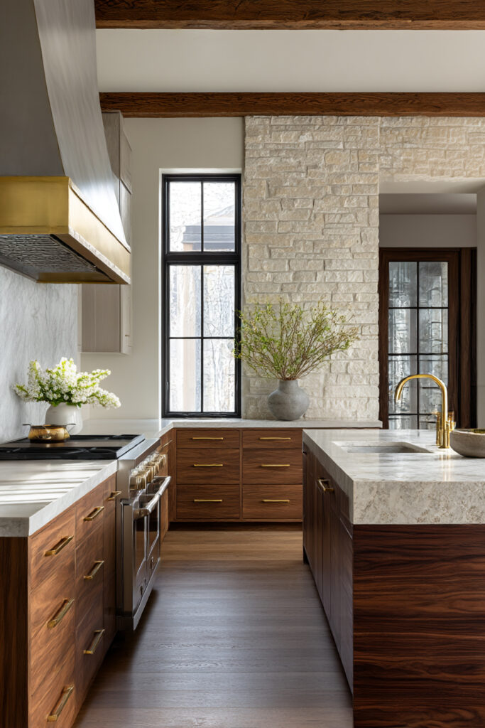 Kitchen with a light stone brick backsplash, dark wood cabinetry, brass hardware, and layered natural materials in a warm, modern rustic design.