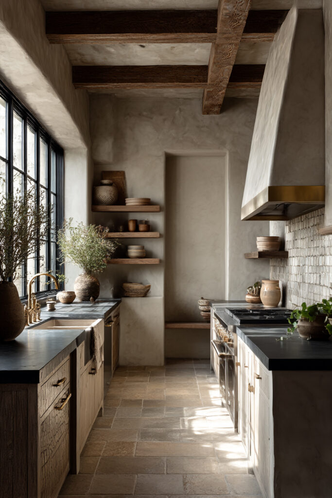 Layered kitchen with textured stone backsplash, plaster walls, warm wood cabinetry, stone flooring, and earthy neutral decor
