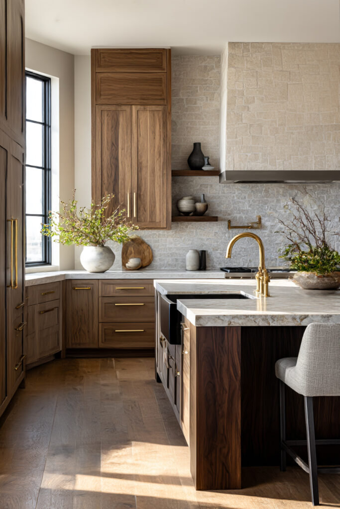 Kitchen with a light stone tile backsplash, walnut wood cabinetry, brass fixtures, and layered natural materials in a warm modern design.