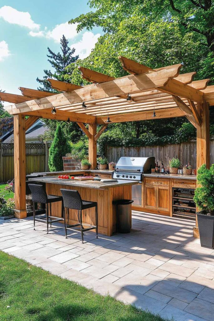Outdoor grill station with wood pergola, built-in grill, large prep island, and bar seating in a backyard setting