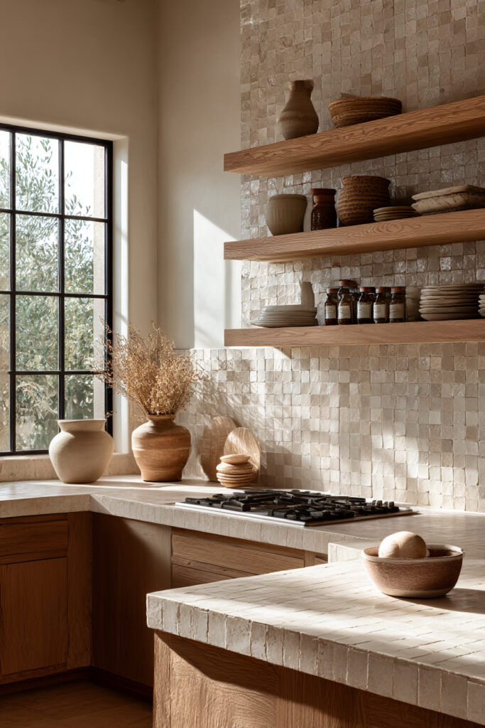 Kitchen with small stone or clay tile backsplash, open wood shelves, light wood cabinetry, natural pottery, and warm neutral tones.