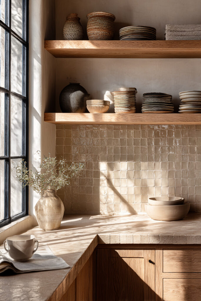 Kitchen with small square stone tile backsplash, warm wood cabinets, open shelves, and neutral ceramic decor in a softly layered design.
