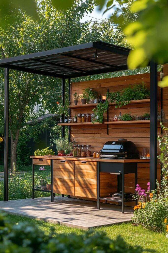 Outdoor grill station with wood cabinets, open shelves, metal pergola, potted herbs, and compact built-in grill in a backyard garden.